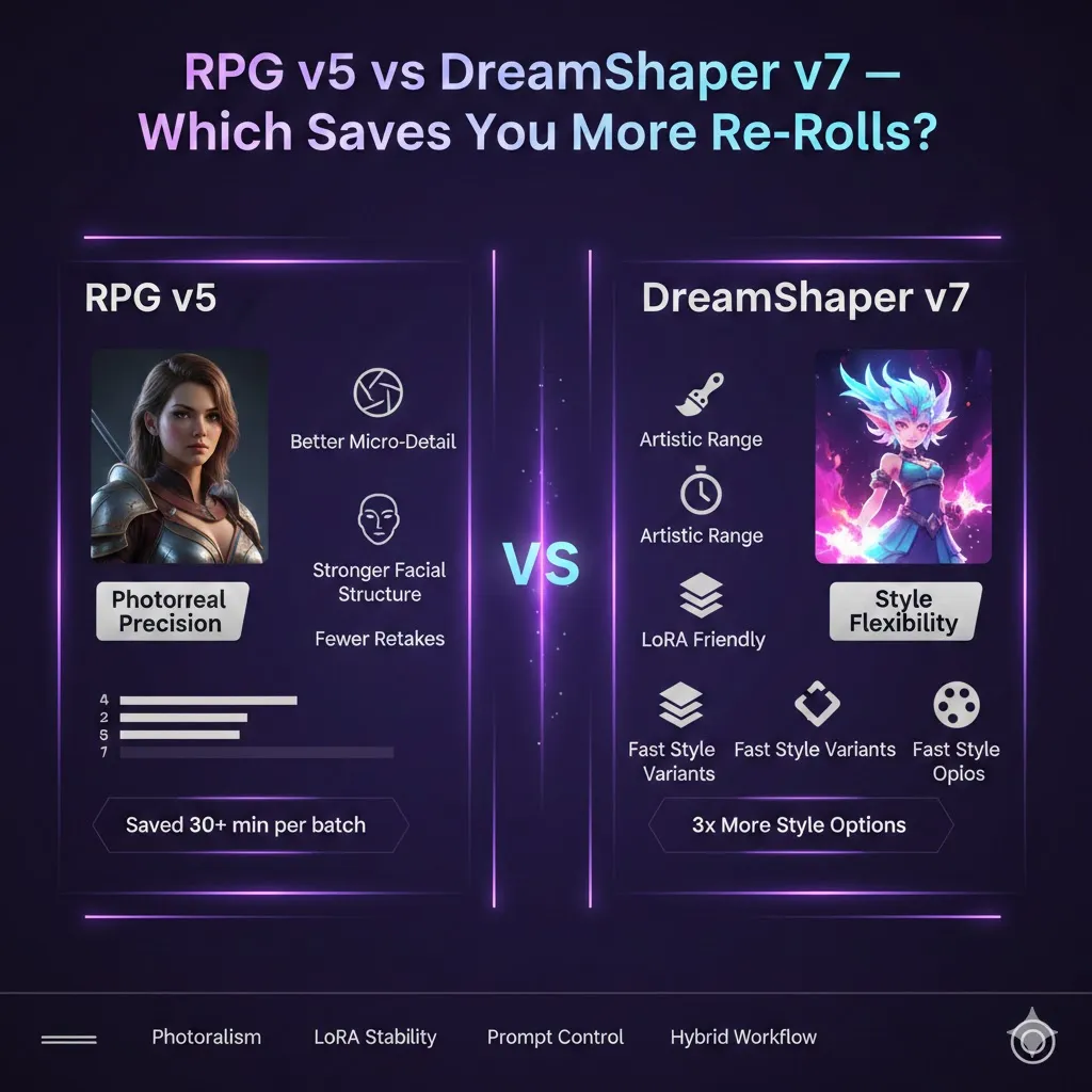 A 2026 side-by-side visual comparison of RPG v5 and DreamShaper v7, highlighting photorealism, LoRA stacking, prompt control, and re-roll efficiency.