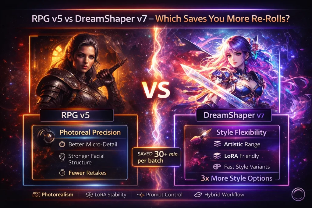 RPG v5 vs DreamShaper v7 2026 infographic comparing photorealism, LoRA stacking stability, prompt control, and hybrid workflow performance.