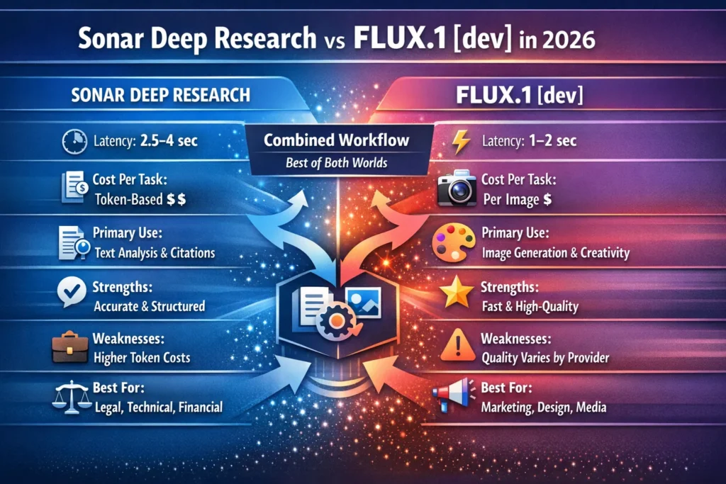 Infographic comparing Sonar Deep Research and FLUX.1 [dev] in 2026, highlighting key differences in text research vs image generation, latency, cost, strengths, weaknesses, and hybrid workflow benefits.