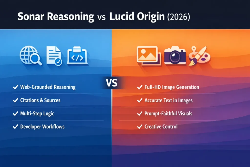Sonar Reasoning vs Lucid Origin infographic comparing AI reasoning with web citations and Full-HD image generation capabilities in 2026