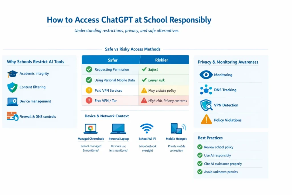 "Infographic showing safe and risky methods to unblock ChatGPT at school, with a decision flowchart for managed and unmanaged devices, highlighting mobile hotspot, VPN, proxies, and AI alternatives."