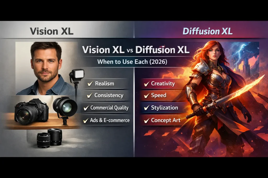 Vision XL vs Diffusion XL infographic showing photorealistic AI images versus stylized creative artwork in Leonardo.ai, highlighting when to use each XL model in 2026.