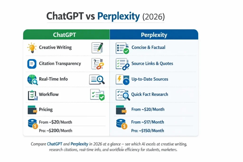 “Infographic comparing ChatGPT vs Perplexity in 2026, showing strengths in creative writing, research citations, real-time info, workflow tips, and pricing for content creators and students.