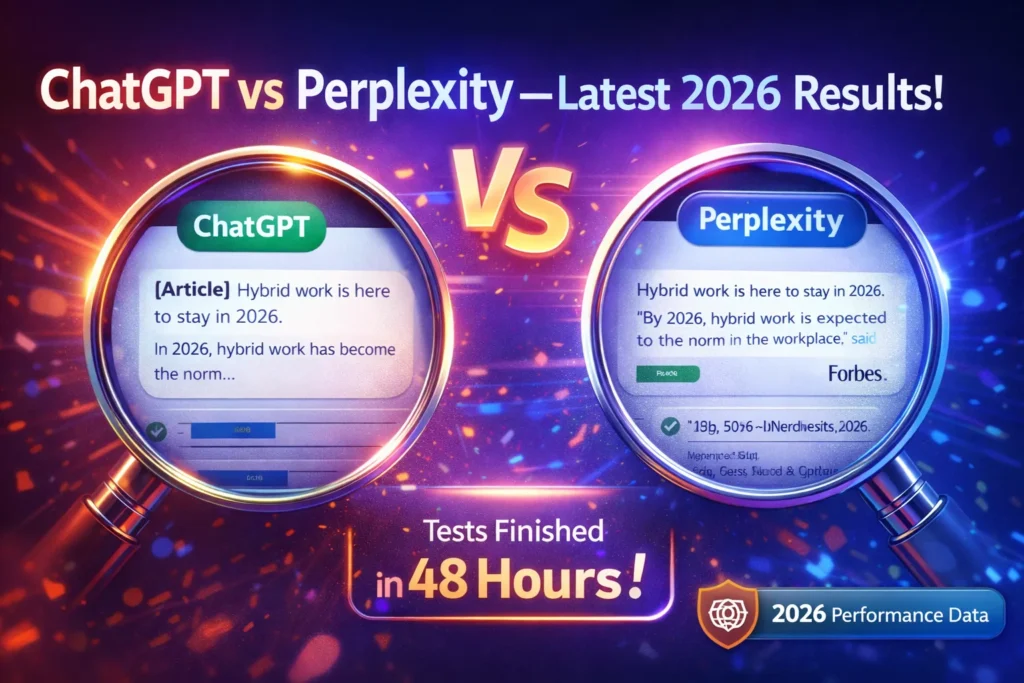 “Infographic comparing ChatGPT vs Perplexity in 2026, showing strengths in creative writing, research citations, real-time info, workflow tips, and pricing for content creators and students.
