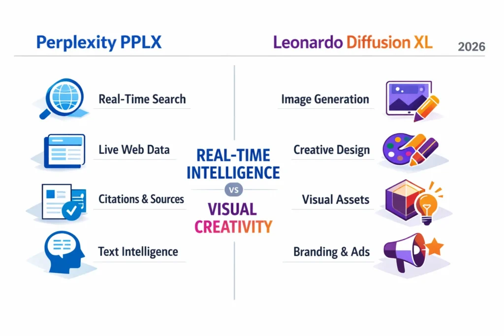 Perplexity PPLX Models API vs Leonardo Diffusion XL infographic comparing real-time AI intelligence and image generation capabilities in 2026