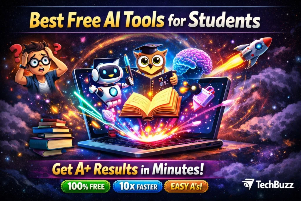 Best free AI tools for students 2026 infographic showing study workflow using ChatGPT, Perplexity, NotebookLM, Notion, Canva, and Codeium.