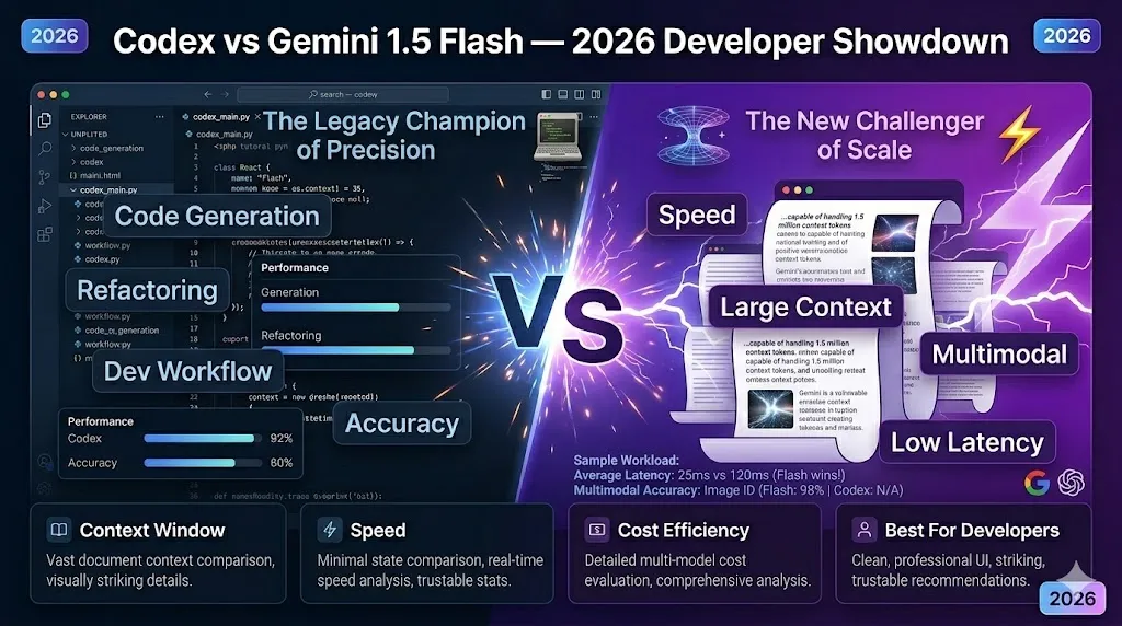 Codex vs Gemini 1.5 Flash 2026 comparison infographic showing developer-focused features, speed, context window, and cost differences.