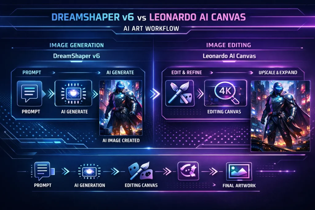DreamShaper v6 vs Leonardo AI Canvas infographic showing the AI art workflow from prompt generation to editing and final artwork.