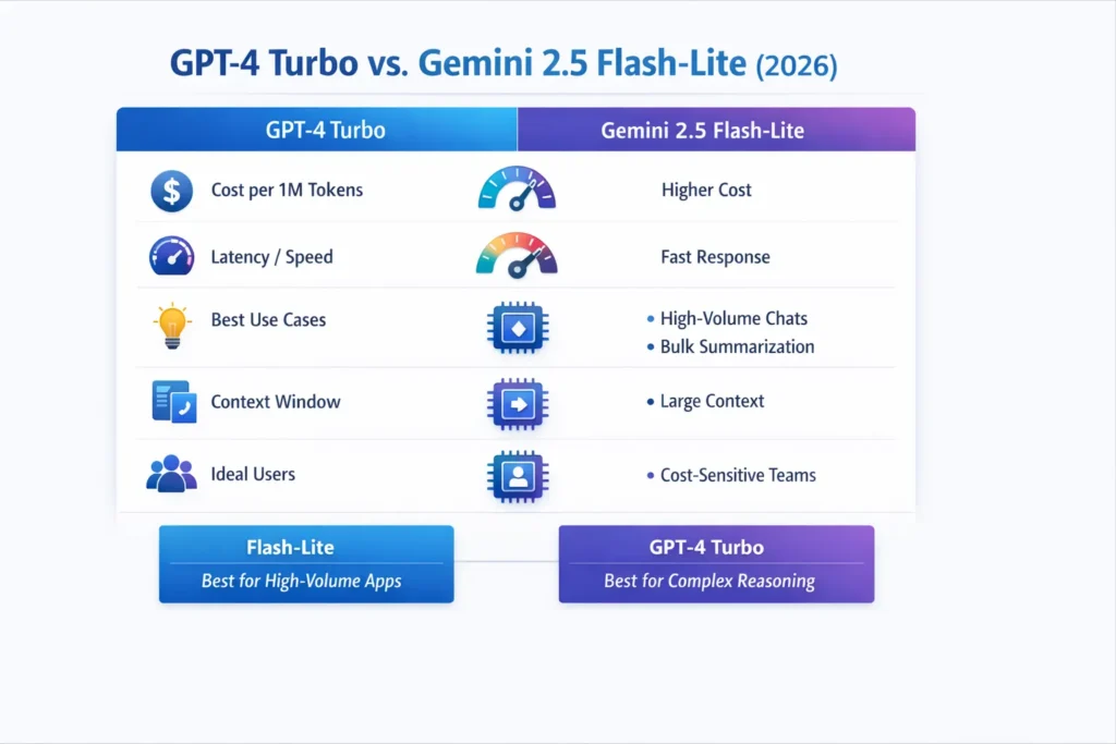 GPT-4 Turbo vs Gemini 2.5 Flash-Lite comparison infographic showing pricing, latency, use cases, and performance differences for developers in 2026.