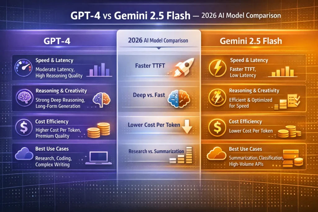 GPT-4 vs Gemini 2.5 Flash infographic comparing speed, reasoning ability, cost efficiency, and best AI use cases in 2026.