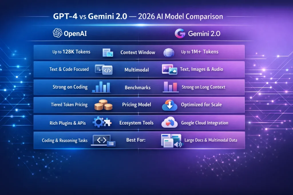 GPT-4 vs Gemini 2.0 infographic comparing context window, pricing, benchmarks, multimodal features, and AI use cases in 2026.