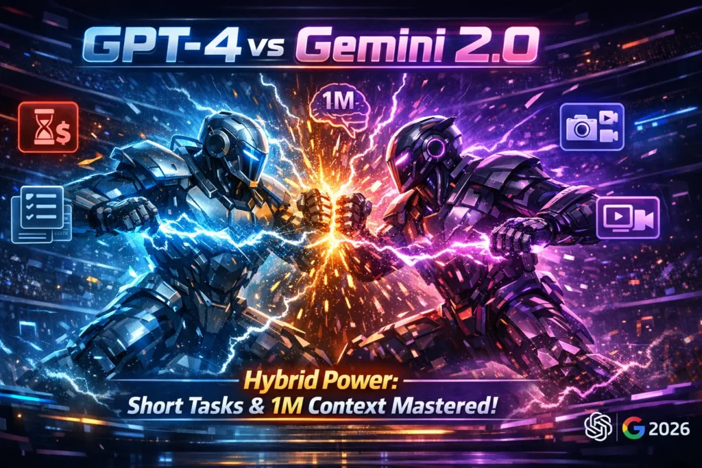 GPT-4 vs Gemini 2.0 infographic comparing context window, pricing, benchmarks, multimodal features, and AI use cases in 2026.