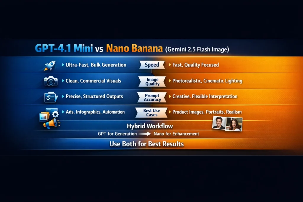  Comparison infographic of GPT-4.1 Mini and Nano Banana (Gemini 2.5 Flash Image) showing speed vs realism, control, and hybrid workflow strategy