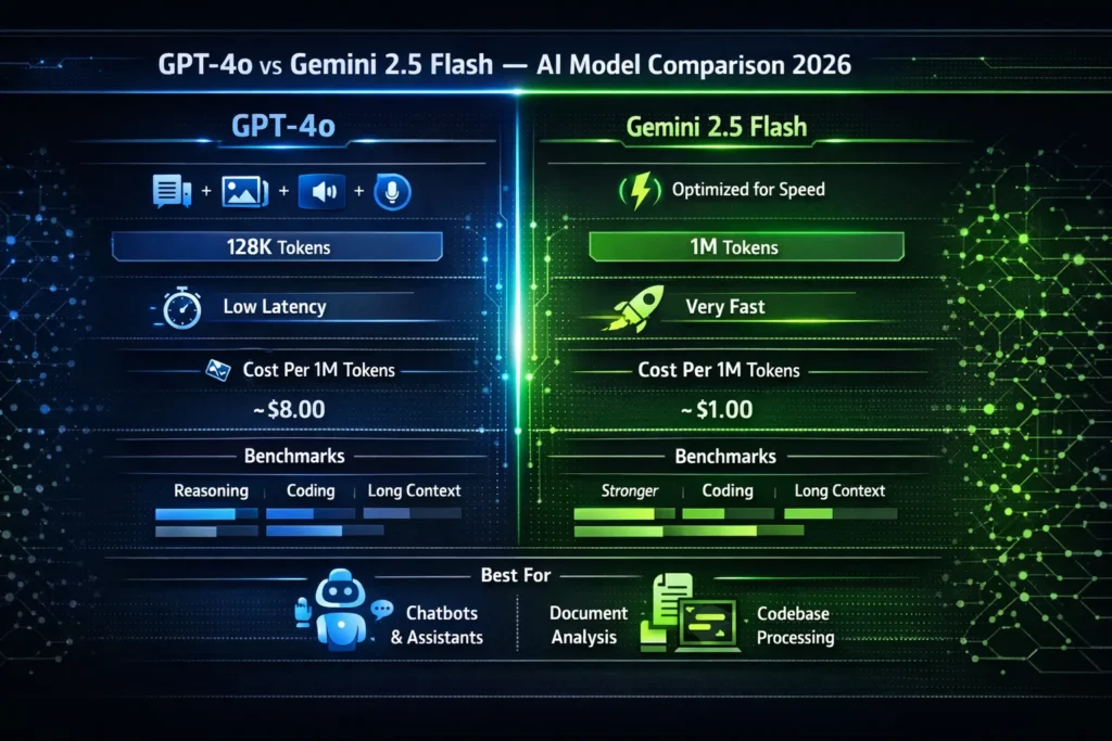 GPT-4o vs Gemini 2.5 Flash infographic comparing context window, speed, pricing, benchmarks, and AI use cases in 2026.