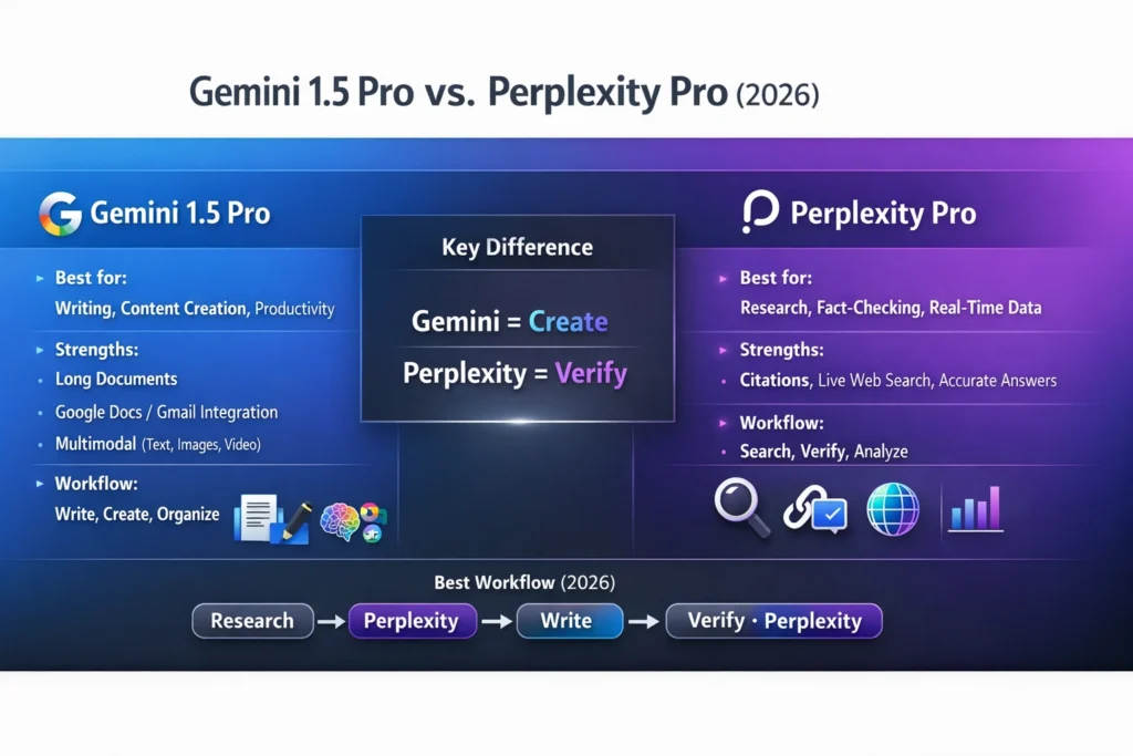 Gemini 1.5 Pro vs Perplexity Pro infographic showing key differences in writing, research, real-time data, citations, and best AI workflow for productivity in 2026
