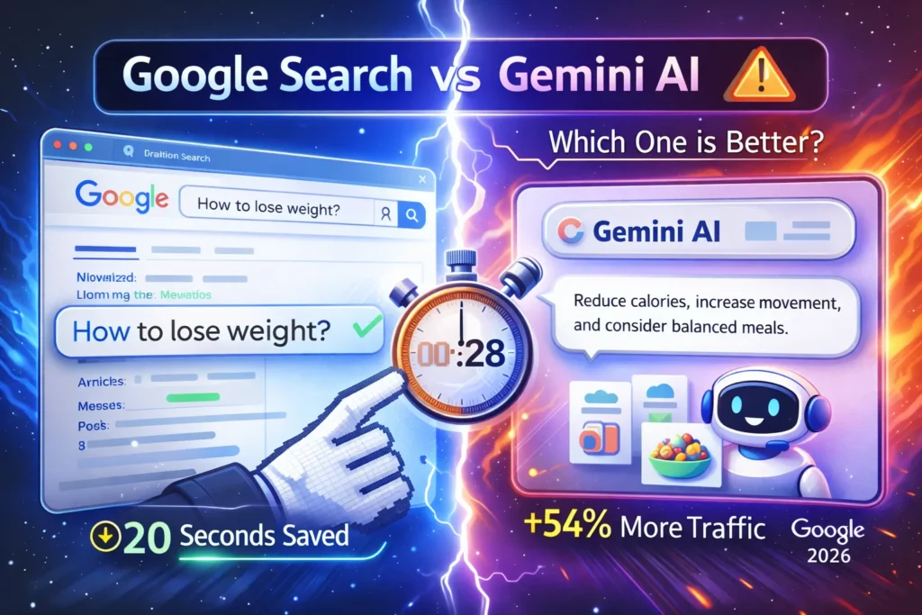 Workflow showing how Google Search finds sources and Gemini AI summarizes research results.