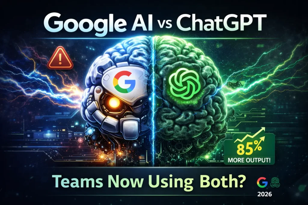 Infographic comparing Google Gemini AI vs ChatGPT 2026 features, including multimodality, image generation, coding tools, integrations, and best use cases.