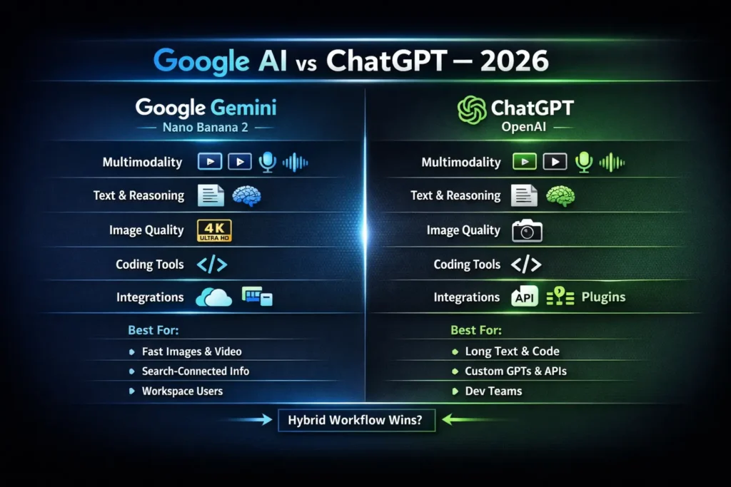 Google AI vs ChatGPT 2026 comparison infographic showing multimodal capabilities, Nano Banana 2 image model, coding features, pricing tiers, and ideal users.