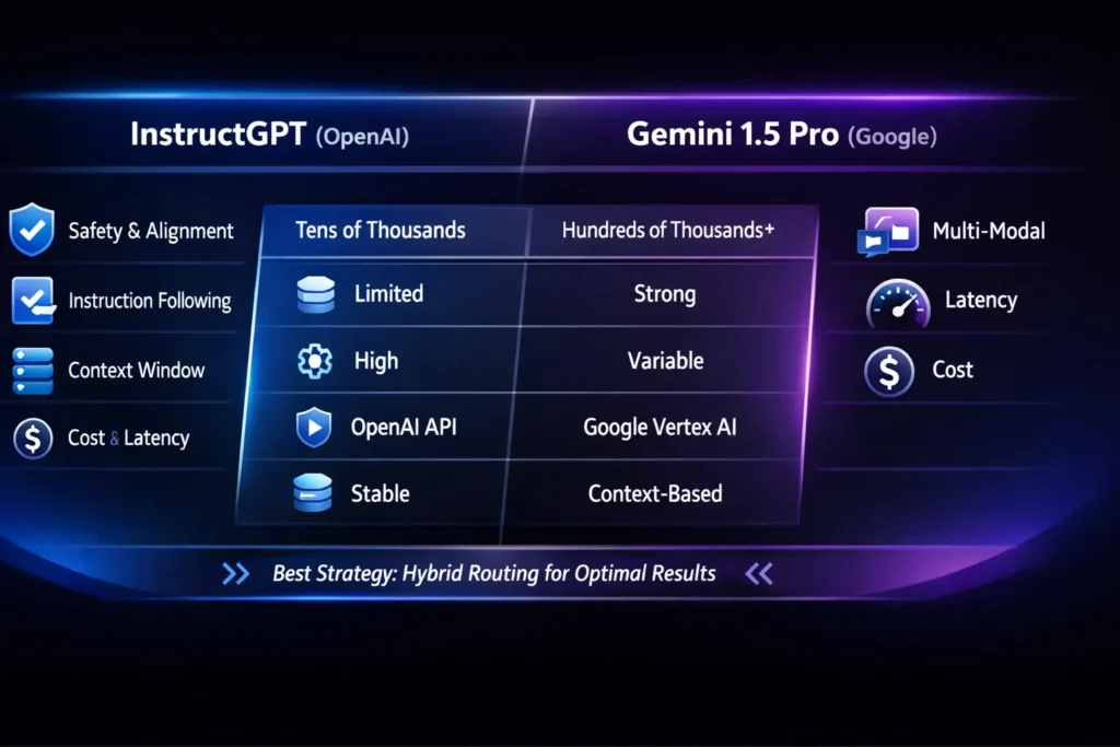 InstructGPT vs Gemini 1.5 Pro infographic comparing instruction-following reliability, context window size, multi-modal capabilities, cost, latency, and best use cases for developers in 2026.