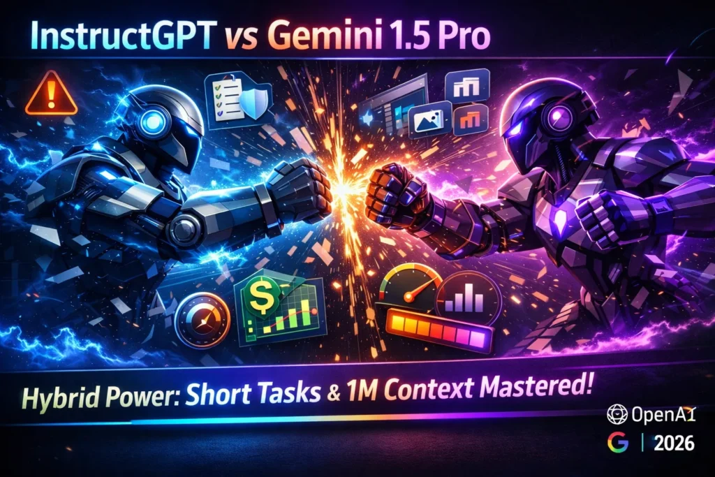 InstructGPT vs Gemini 1.5 Pro infographic comparing instruction-following reliability, context window size, multi-modal capabilities, cost, latency, and best use cases for developers in 2026.