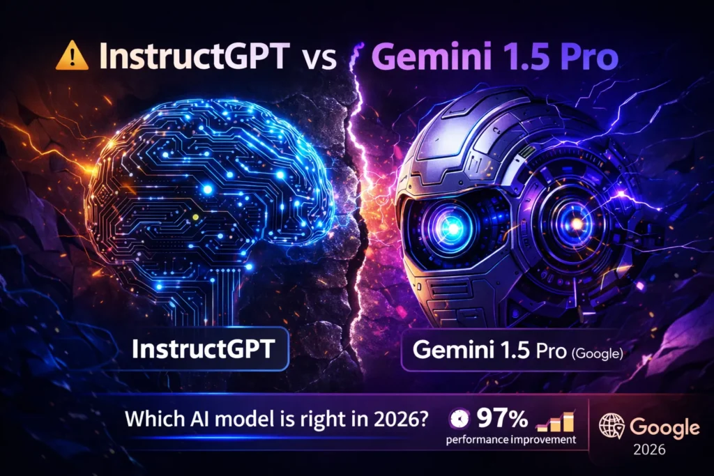InstructGPT vs Gemini 1.5 Pro infographic comparing instruction-following reliability, context window size, multi-modal capabilities, cost, latency, and best use cases for developers in 2026