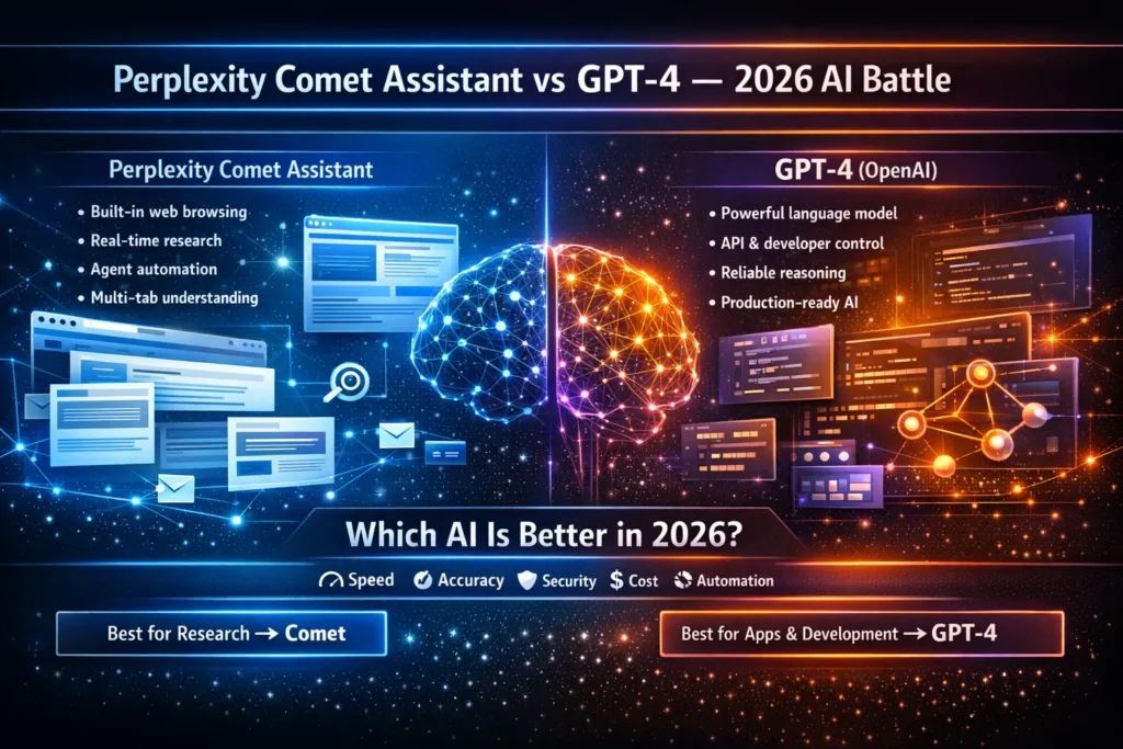 Perplexity Comet Assistant vs GPT-4 infographic comparing features, web browsing, automation, developer APIs, and AI capabilities in 2026.