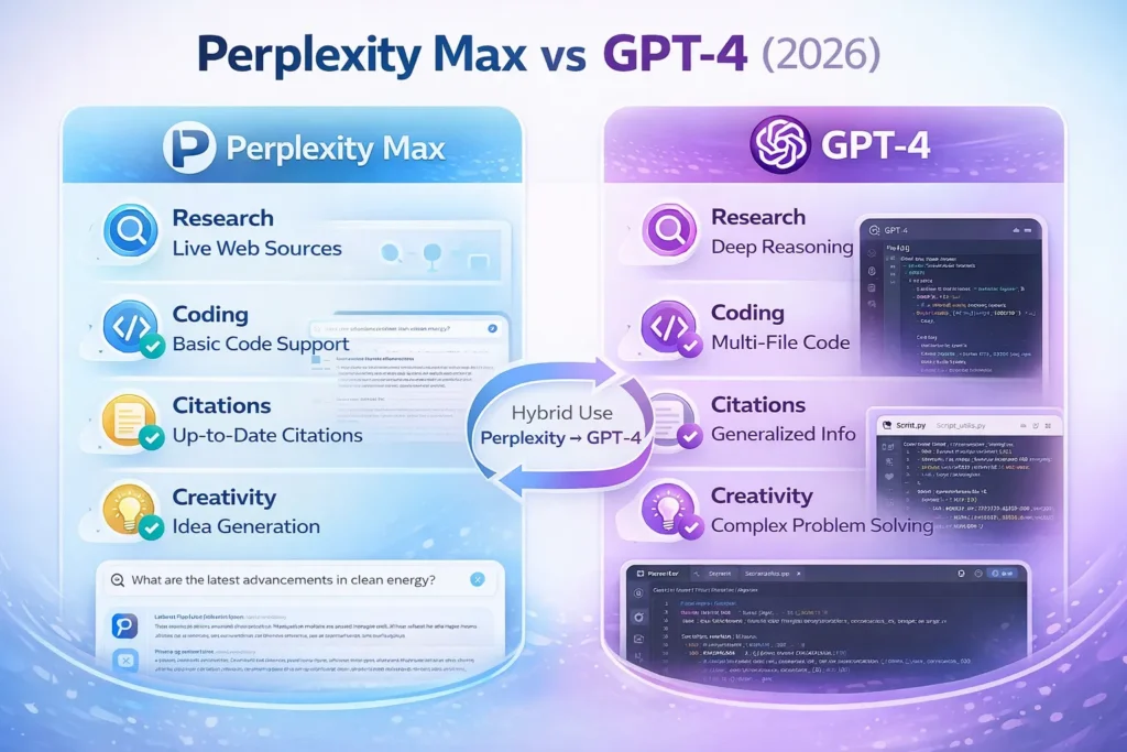 Infographic comparing Perplexity Max vs GPT-4 (2026), showing strengths, use cases, and a hybrid workflow for research and coding.