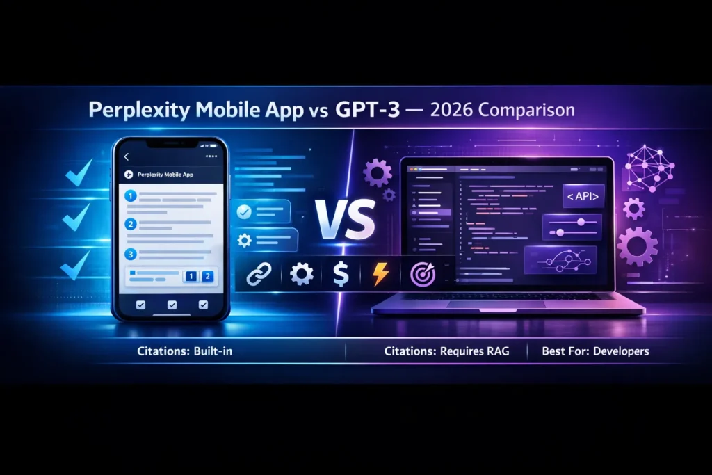 Infographic comparing Perplexity Mobile App and GPT-3 in 2026, showing citations, pricing, customization, speed, and best use cases for researchers and developers.