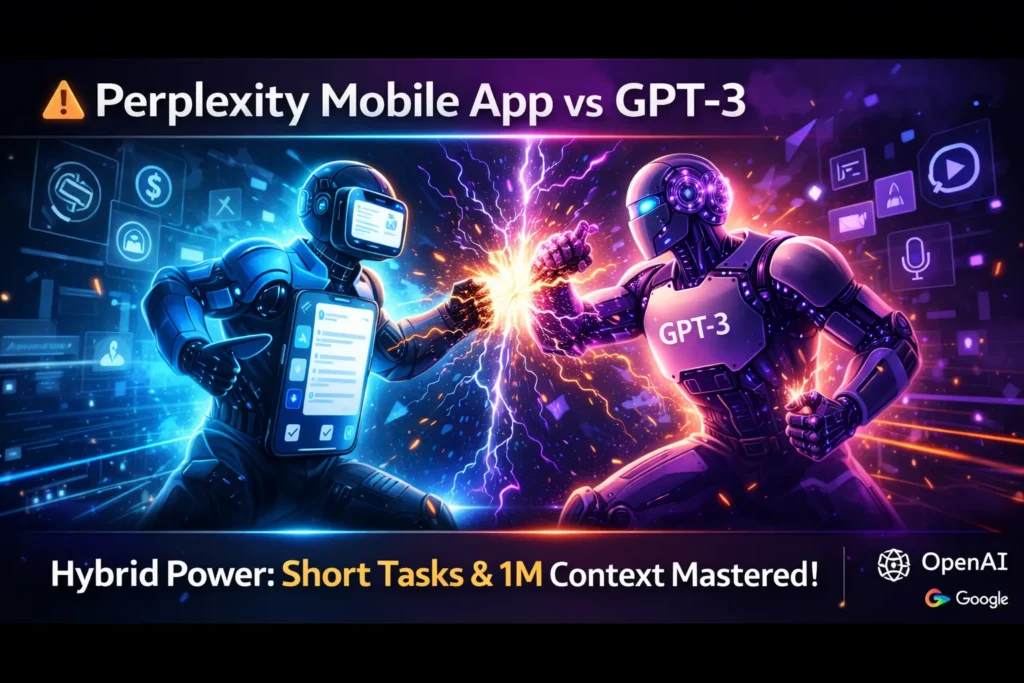 Infographic comparing Perplexity Mobile App and GPT-3 in 2026, showing citations, pricing, customization, speed, and best use cases for researchers and developers.