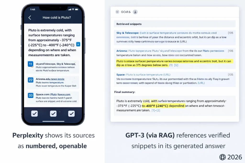 Infographic comparing Perplexity Mobile App and GPT-3 in 2026, showing citations, pricing, customization, speed, and best use cases for researchers and developers.