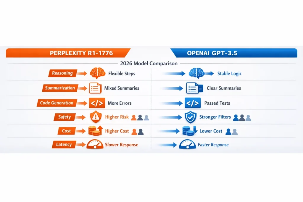 “Infographic comparing Perplexity R1‑1776 and GPT‑3.5 on reasoning, code, summarization, safety, cost, and latency.”
